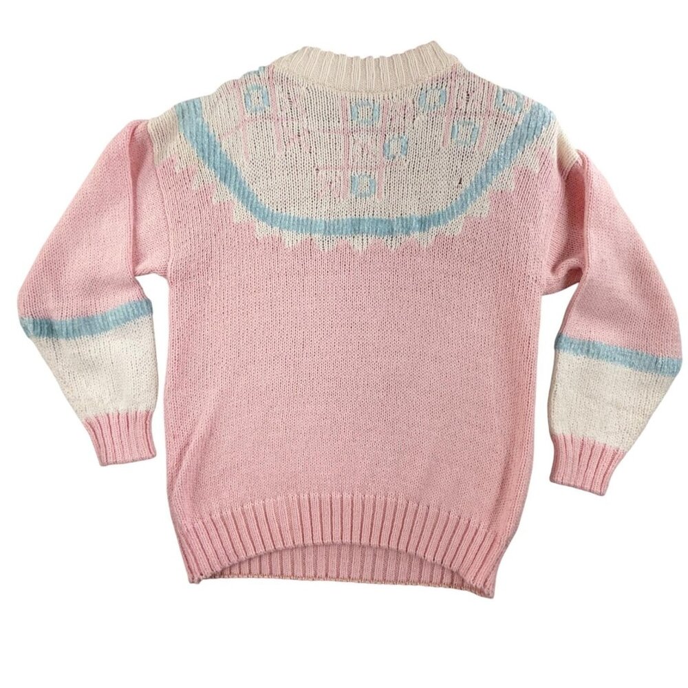 Vintage Buttons & Bows Sweater Womens Large Pink Fair Isle Cottage 80s Grandma